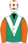 Emerald green, white chevron, orange sleeves, white cap, orange spots