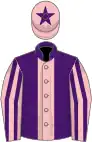 Purple, pink stripe, pink and purple striped sleeves, pink cap, purple star