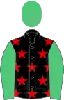 Black, red stars, emerald green sleeves and cap