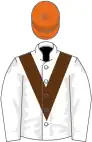 White, brown chevron, white sleeves, orange cap