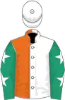 White and orange halved, emerald green sleeves, white stars, white cap