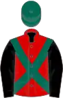 Red, dark green cross sashes, black sleeves, dark green cap