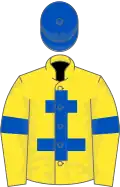 Yellow, royal blue cross of lorraine, armlets and cap