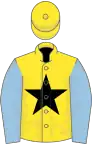 Yellow, Black star, Light Blue sleeves, yellow cap