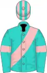 Turquoise, pink sash and armlets, striped cap