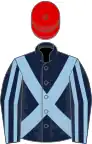 Dark blue, light blue cross belts, striped sleeves, red cap