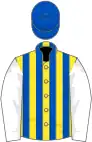 Yellow and light blue stripes, white sleeves, light blue cap