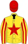 Yellow, red star, striped sleeves, red cap