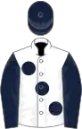 White, large dark blue spots and sleeves, dark blue cap