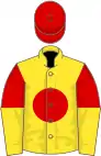 Yellow, red disc, red and yellow halved sleeves, red cap