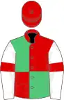 Red and emerald green (quartered), white sleeves, red armlets, red cap