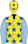 Yellow, royal blue stars, light blue sleeves