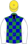 Green and blue checked, white sleeves, yellow cap