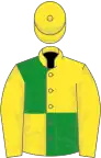 Yellow and green (quartered), yellow sleeves, yellow armlets, striped cap