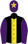 Black, yellow stripe, purple sleeves, purple cap, yellow star