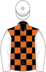 Black and orange check, white sleeves and cap