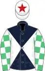 Dark blue and white diabolo, emerald green and white check sleeves, white cap, red star