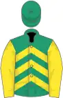 Emerald green and yellow chevrons, yellow sleeves, emerald green cap