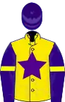 Yellow, purple star, purple sleeves, yellow armlets, purple cap