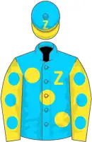 Pale blue, large yellow spots, hooped sleeves