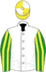 White, green and yellow striped sleeves, yellow and white quartered cap