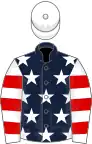 Dark blue, white stars, white and red hooped sleeves, white cap