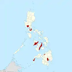 Map showing the 13 localities (provinces, cities or municipalities) in red deemed viable home venues for prospect clubs of the Philippines Football League