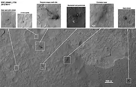 MSL debris field viewed by HiRISE on August 17, 2012 - parachute is 615 m (2,018 ft) from the rover (3-D: rover &  parachute)