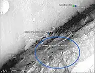 Overview map - blue oval marks "Base of Aeolis Mons" (August 17, 2012).