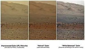 Comparison of color versions (raw, natural, white balance) of Aeolis Mons (August 23, 2012).