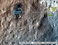 First-year and first-mile traverse map of the Curiosity rover on Mars (1 August 2013) (3-D).