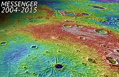 Perspective view of Caloris Basin – high (red); low (blue).