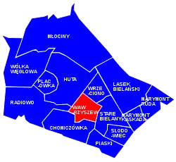 Location of the City Information System area of Wawrzyszew within the district of Bielany.