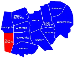 The location of the neighbourhood of Służewiec in the district of Mokotów, in accordance to the Municipal Information System.