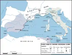 Map of the western Mediterranean and Carthaginian control of Iberia at its greatest extent, 217 BC