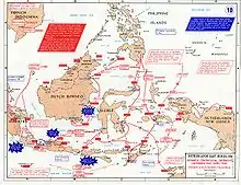 The Japanese lines of advance in the Dutch East Indies, Sarawak and North Borneo (British), and Portuguese Timor