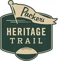 A logo that says "Packers Heritage Trail"; the "Packers" is on a small flag and a football is located below the text