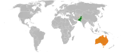 Map indicating locations of Pakistan and Australia