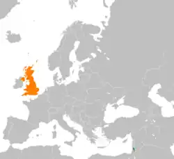 Map indicating locations of Palestine and United Kingdom