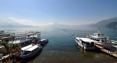 View of Lake Atitlan and the volcanoes