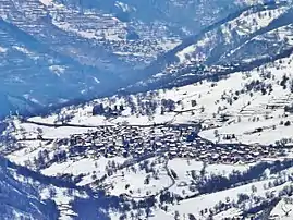 Panorama from Val Thorens on the village, with Notre-Dame-de-la-Vie sanctuary visible on the left