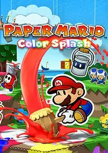 The cover art of the game, featuring Mario in the center using his paint hammer and splashing red paint on the ground, and Huey, a paint bucket, to his right. Multiple characters can be seen in the background.