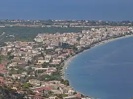 The coastal front of Akrata as seen from the road near Ancient Aigeira. Krathi village (former known as Akrata Beach) is depicted.