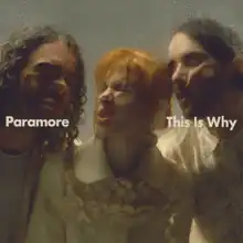 Paramore members Taylor York, Hayley Williams, and Zac Farro press their cheeks up against a glass screen that is slightly wet, superimposed with the text "Paramore" and "This Is Why"