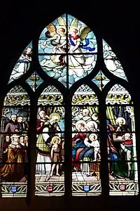 St. John the Baptist presented to the Virgin Mary and infant Christ, window design by  Enile Hirsch (19th c.)