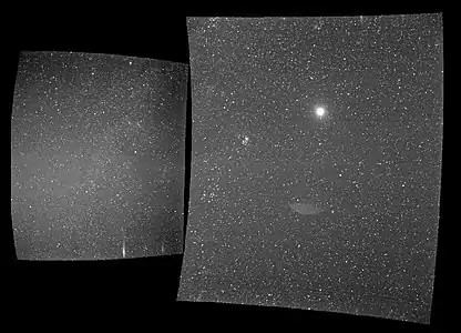 The view from the probe's WISPR instrument on Sept. 25, 2018, shows Earth, the bright sphere near the middle of the right-hand panel. The elongated mark toward the bottom of the panel is a lens reflection from the WISPR instrument