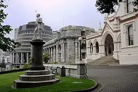 Statue of Premier John Ballance, Parliament (background), and Library