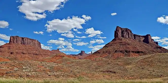 Convent Mesa (left) and Parriott Mesa (right) seen from Utah State Route 128 The Rectory and Castleton Tower centered in the distance