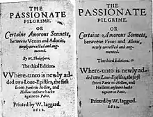 Two versions of a title page of an anthology of poems, one showing Shakespeare as the author, while a later, corrected version shows no author