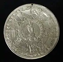 The coats of arms of the Thirteen Cantons as shown on the "baptismal medal" or Patenpfennig presented by the Confederacy to Princess Claude of Valois (by Jacob Stampfer of Zürich (1547).